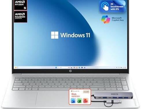 HP OmniBook 3 Flagship 16″ 2K Touchscreen Laptop Bundle with Docking Station, AMD Ryzen 5 Processor, 16GB RAM, 256GB PCIe SSD, IPS Display, WiFi 6, AI Copilot, Windows 11, Glacier Silver