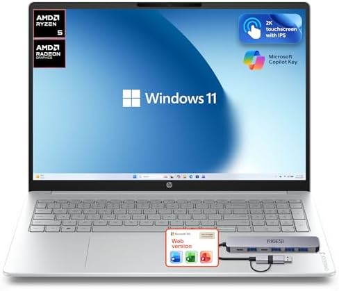 HP OmniBook 3 Flagship 16" 2K Touchscreen Laptop Bundle with Docking Station, AMD Ryzen 5 Processor, 16GB RAM, 256GB PCIe SSD, IPS Display, WiFi 6, AI Copilot, Windows 11, Glacier Silver