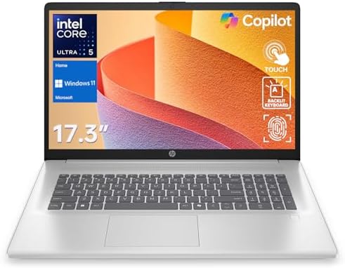 HP 17.3" Touchscreen Business Copilot AI Laptop, Intel Core Ultra 5 225U, 32GB DDR5 RAM, 2TB SSD, Wi-Fi 6, Win11 Home, Backlit Keyboard &Numeric Keypad, Webcam, Fingerprint Reader, Battery Fast charge
