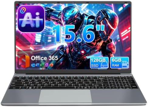 15.6" Student Laptop with AI Assistant Included, 1 Year Office 365 | 6GB RAM 128GB SSD, FHD Display, J4105 CPU, 180° Lay-Flat, USB-C(Charging, Data, Display), Thin & Lightweight, 53.2Wh Battery